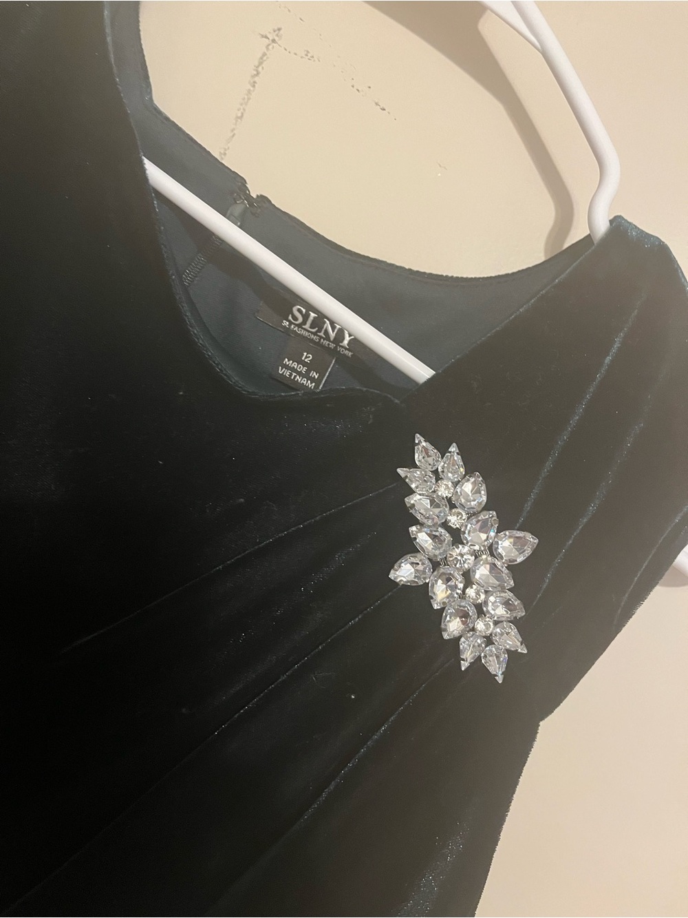 SLNY Green  Velvet Maxi Dress with Crystal Brooch
